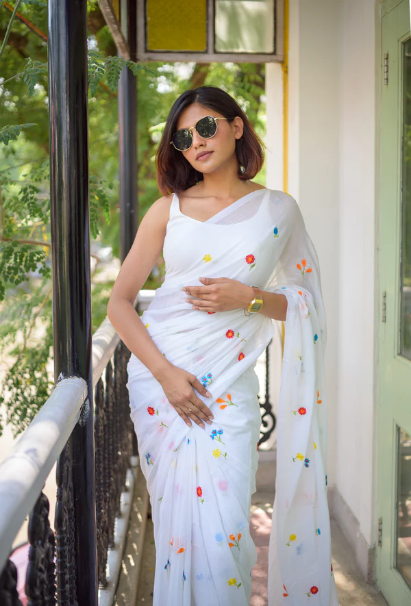 White Embroidered Mulmul Cotton Saree