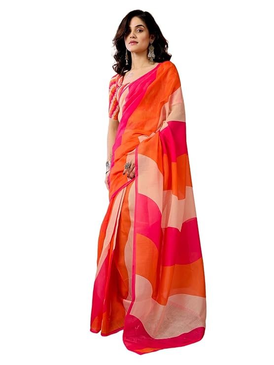 Women's Chanderi Cotton Printed Ready To Wear One Minute Pre Stitched Saree with Unstitched Blouse Piece