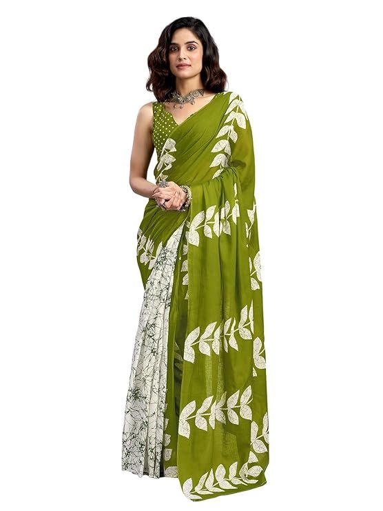 Women's Pure Cotton Printed Ready To Wear One Minute Pre Stitched Saree with Unstitched Blouse Piece