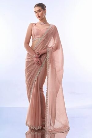 Blush Pink Designer Saree with Embroidered Border & Sleeveless Blouse | Elegant Party Wear Saree