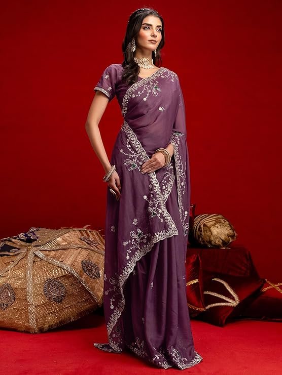 Purple Embroidered Saree for Women | Designer Party Wear Saree with Sequins Work - Image 2