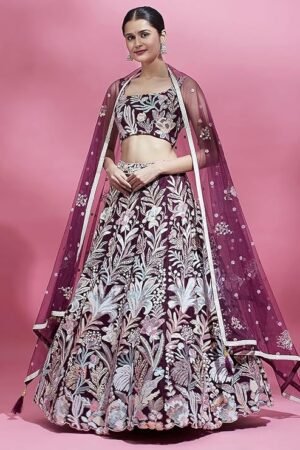 Wine Floral Embroidered Lehenga Choli for Women with Net Dupatta | Designer Wedding & Party Wear