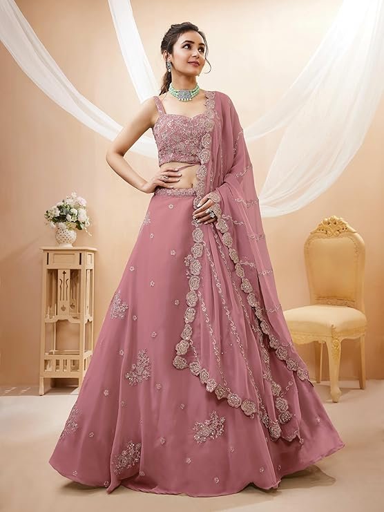 Women's Dusty Pink Embroidered Lehenga Choli Set with Designer Dupatta | Wedding, Engagement & Party Wear - Image 4