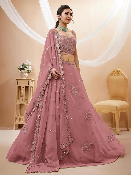 Women's Dusty Pink Embroidered Lehenga Choli Set with Designer Dupatta | Wedding, Engagement & Party Wear