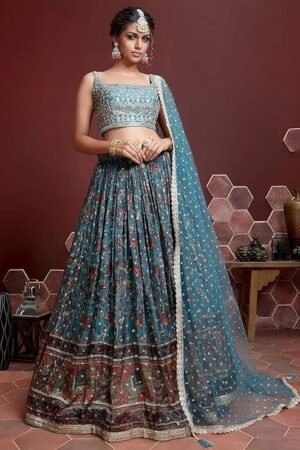 Women's Teal Blue Embroidered Lehenga Choli Set with Net Dupatta | Designer Wedding & Festive Ethnic Wear